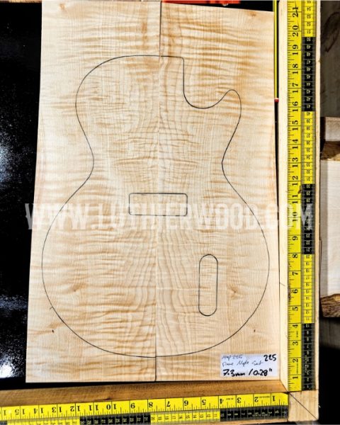 Flame Maple Set 226 6.5mm / 0.255" thick. Please see all pictures to see other dimensions and to view set both dry and sprayed with Naphtha to show true colour and figure.